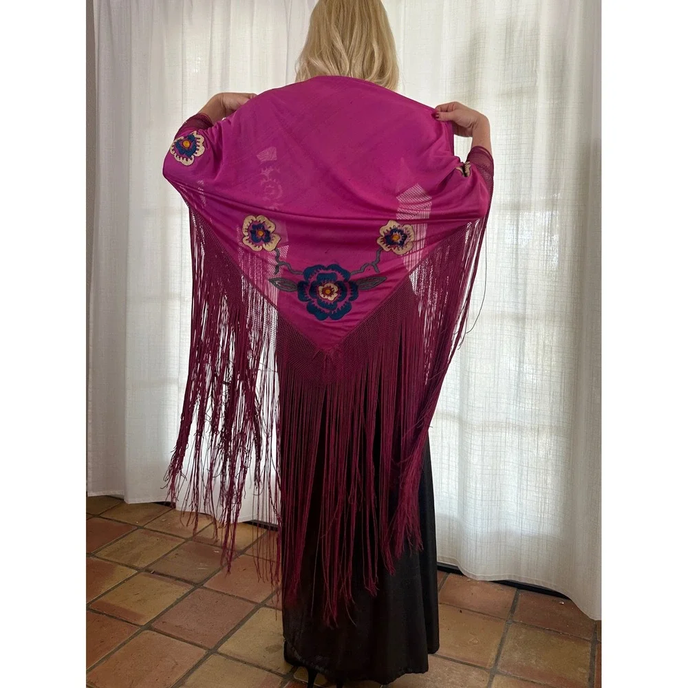 Vintage rayon embroidered fringe piano shawl